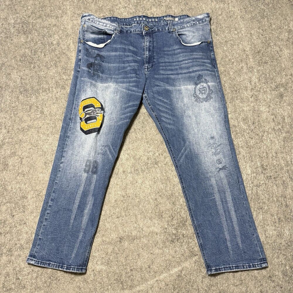 Sean John Athlete Tapered Jeans Mens 44x30 Graphic Patch Retro Y2K Streetwear